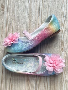 Girls' sz 12 C Rainbow Glitter Iridescent Shoes Mary Janes Pink Flower